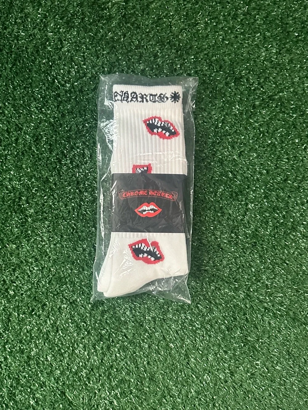 Chrome Hearts White Crew Socks with Red & Black Lip Graphic